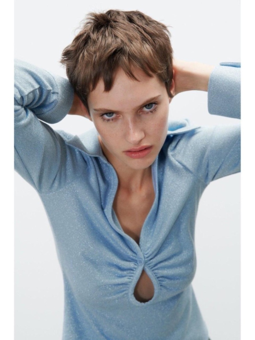 Zara Light Blue Sparkly Long Sleeve Key Hole Cutout Collar Top M